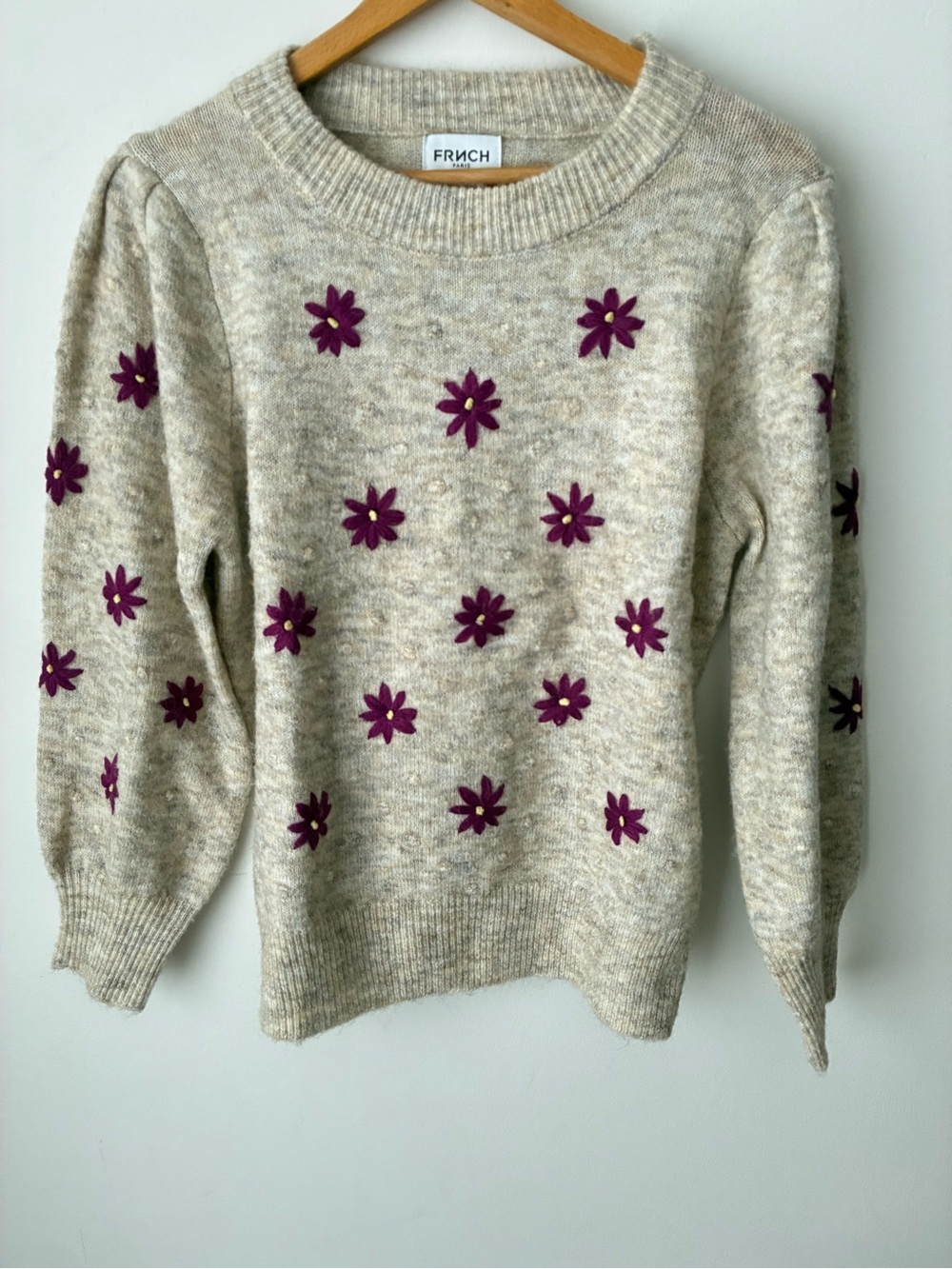 FRNCH Paris Sweater Women’s Large Floral Embroidered Mulberry Flowers